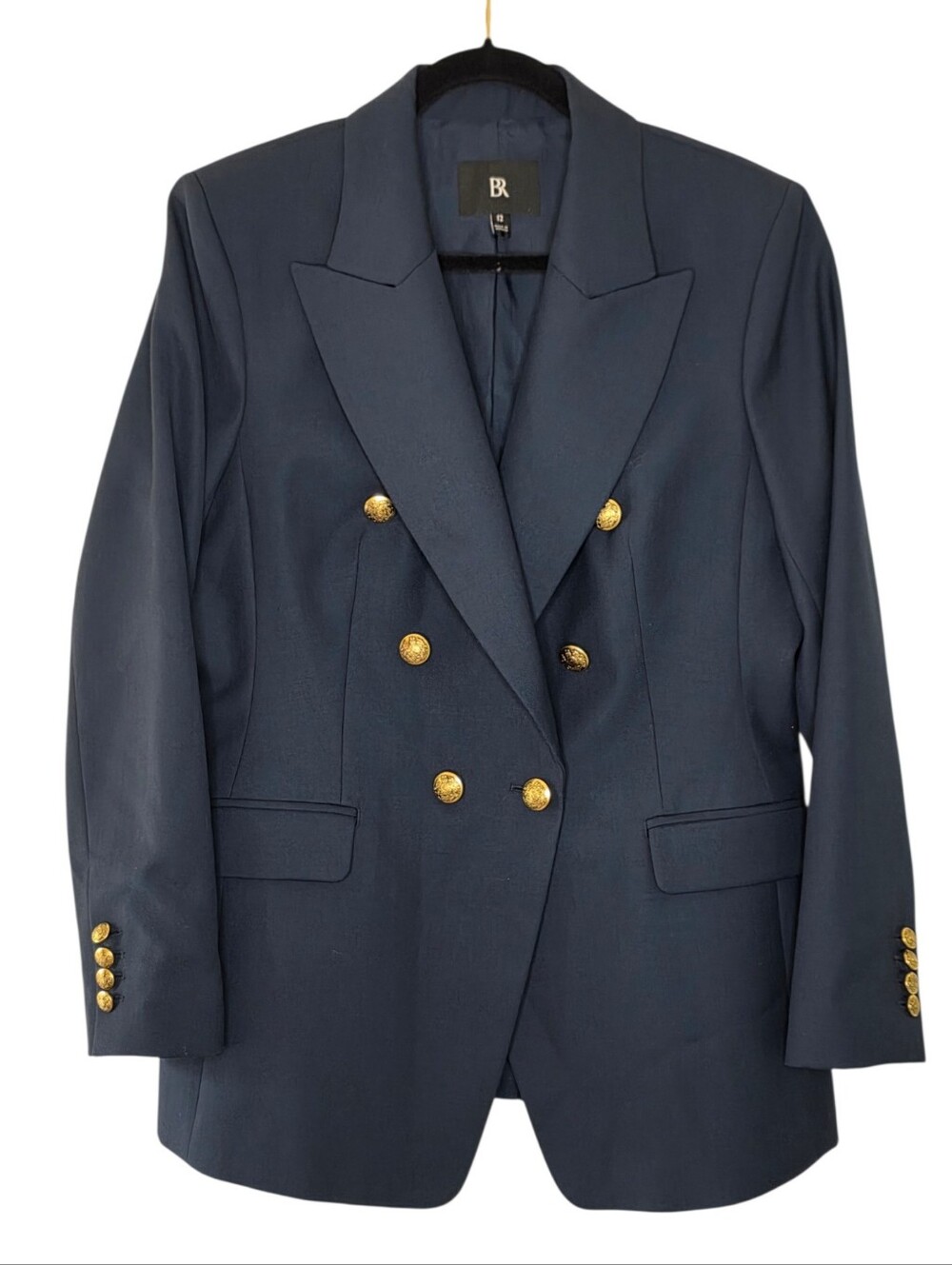 Banana Republic Double-Breasted Navy Blazer Size 12 Gold Crest Buttons Career - Picture 2 of 13